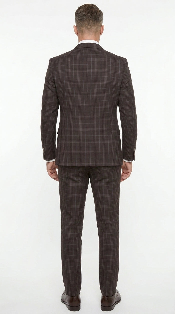 Men’s Vitali 3PC Suit – Choclate Brown and blue Plaid Check 3-Piece Suit with Double-Breasted Vest Modern Fit Side Vented