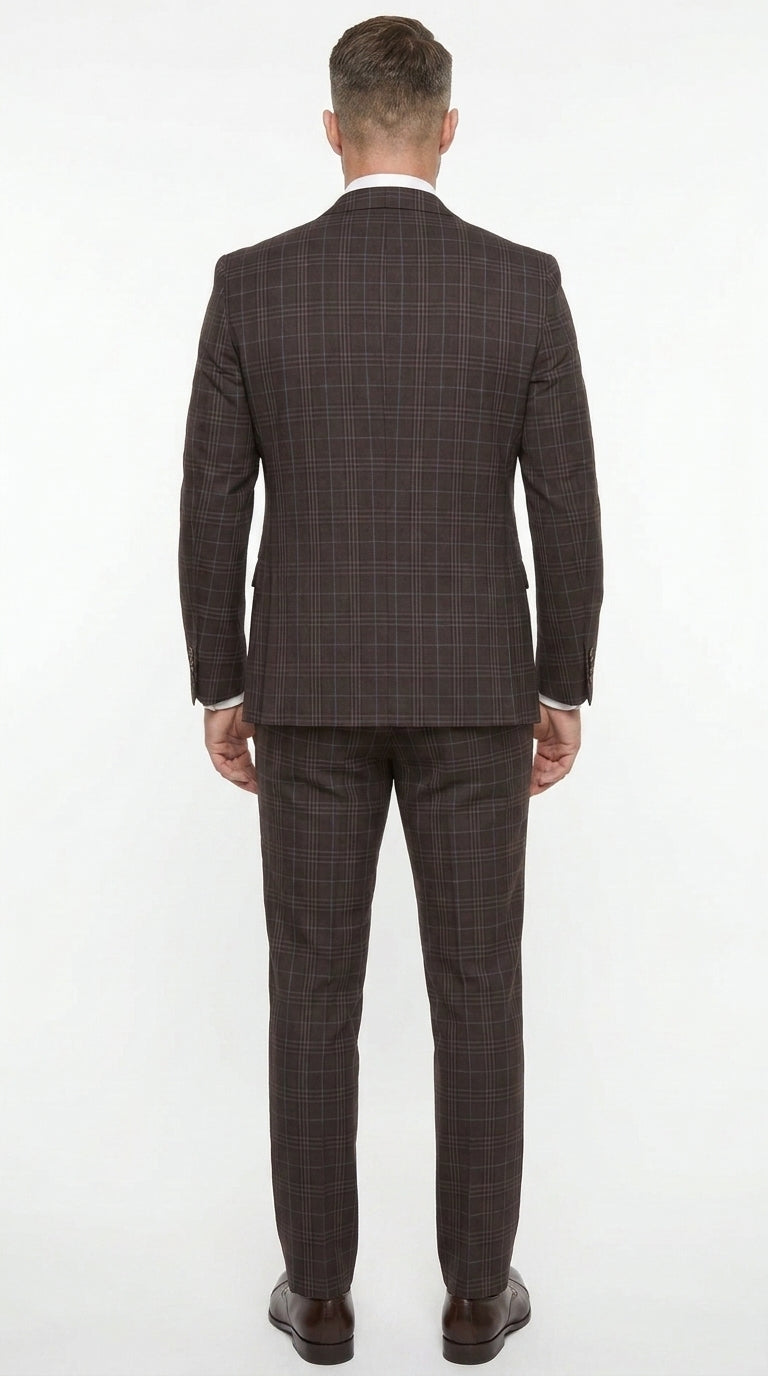 Men’s Vitali 3PC Suit – Choclate Brown and blue Plaid Check 3-Piece Suit with Double-Breasted Vest Modern Fit Side Vented