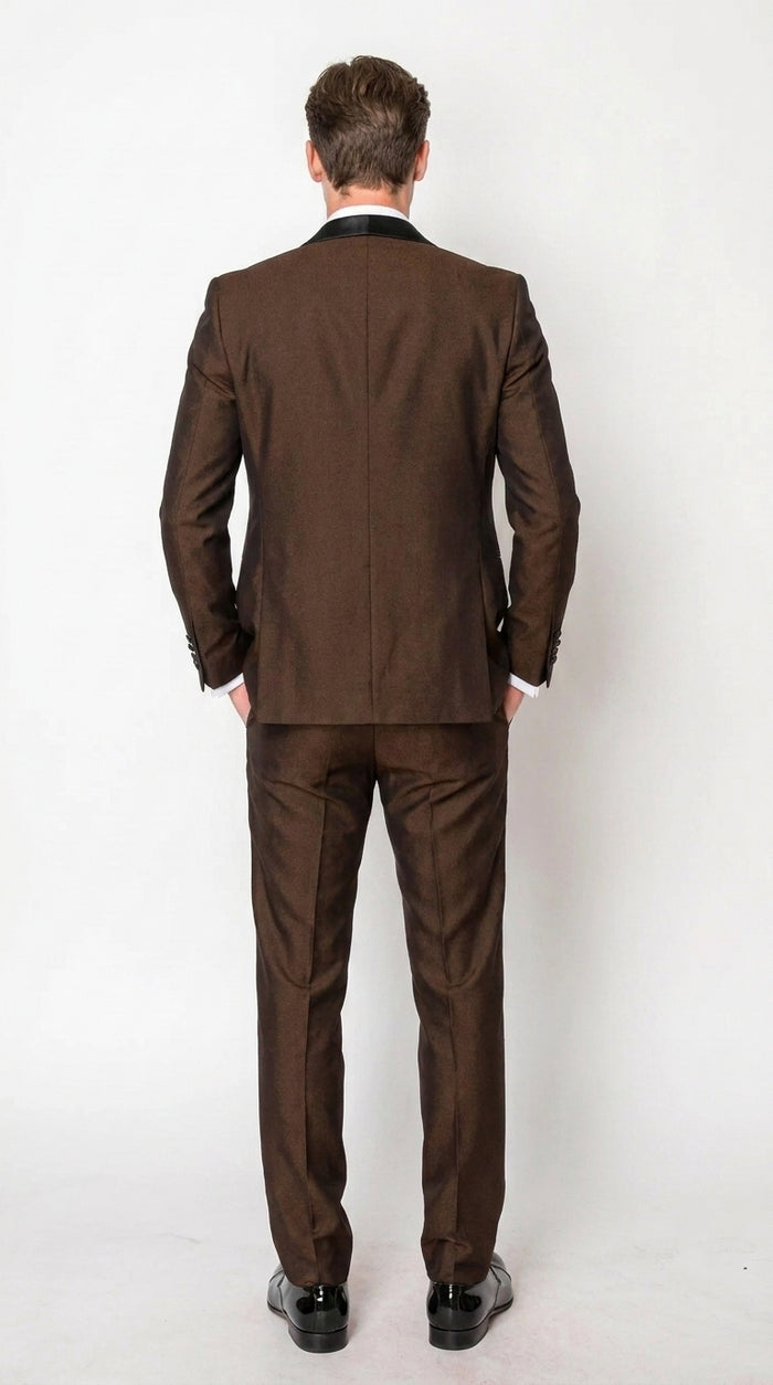 Men’s Chocolate Brown 3-Piece Tuxedo Suit with Black Satin Shawl Lapel – Shawl Collar Vested