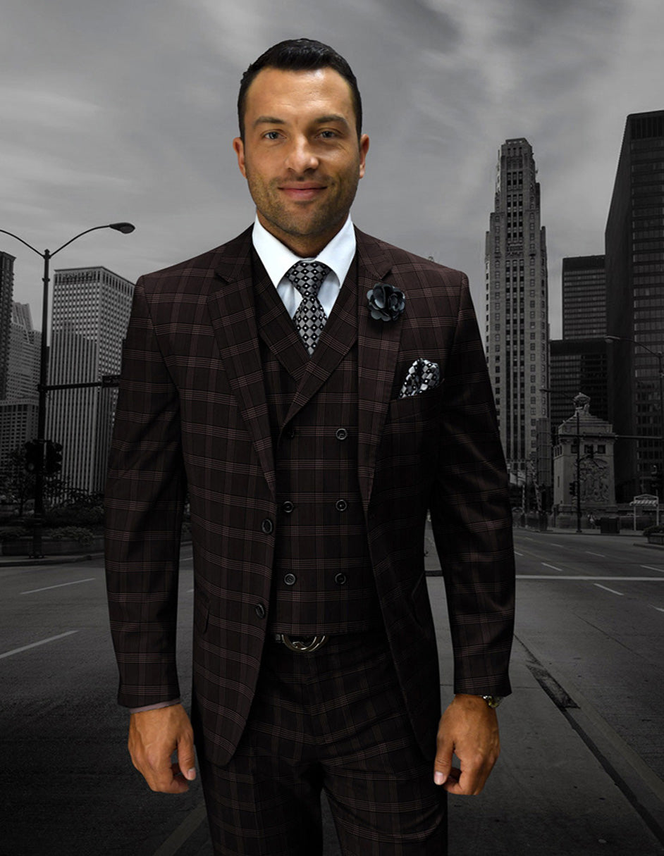 Mens 2 Button Double Breasted Vest Suit in Brown Plaid - 42 Regular
