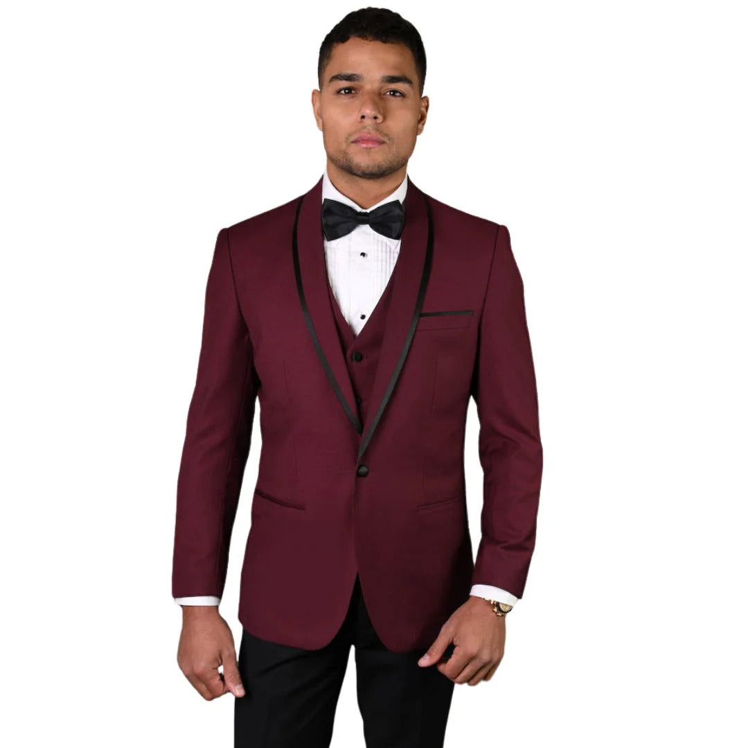 3-Piece Tailored Fit Wool Suit with Bow Tie and Flat Front Pants - Burgundy
