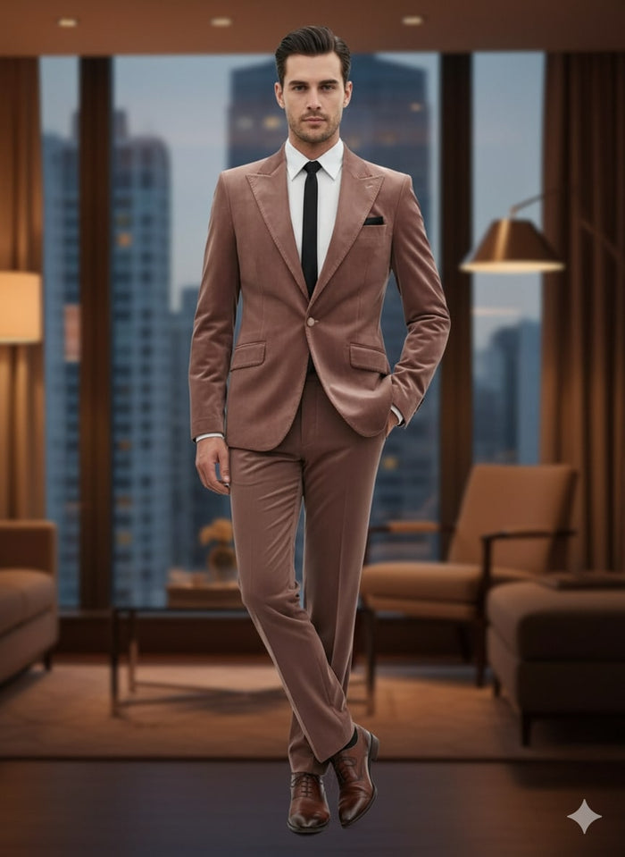 Mens Mauve Velvet Suit â€“ 2 Piece Ultra Slim Fit Blazer and Pants Formal Set in Light Brown Tuxedo