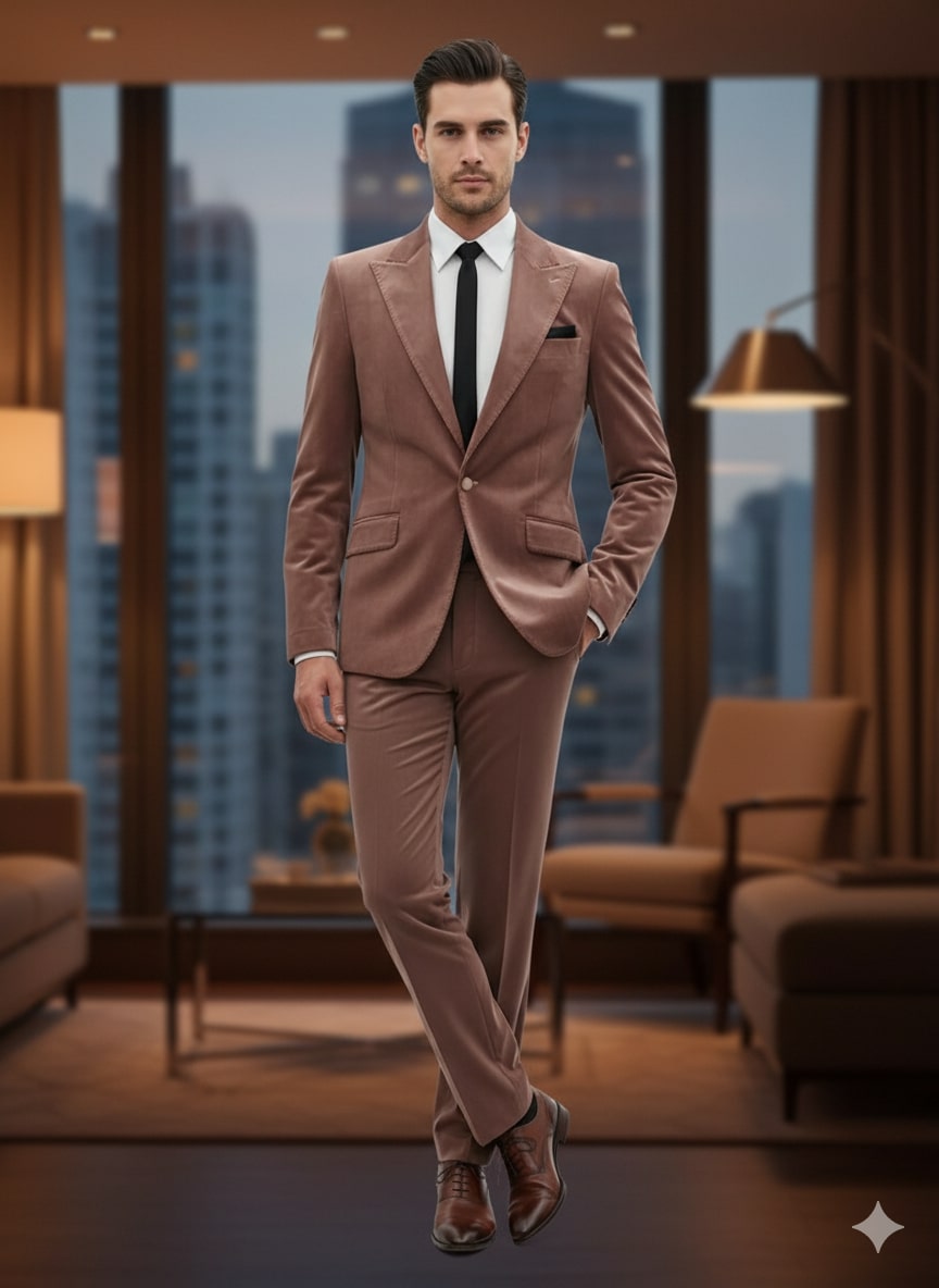 Mens Mauve Velvet Suit – 2 Piece Ultra Slim Fit Blazer and Pants Formal Set in Light Brown Tuxedo - 36R
