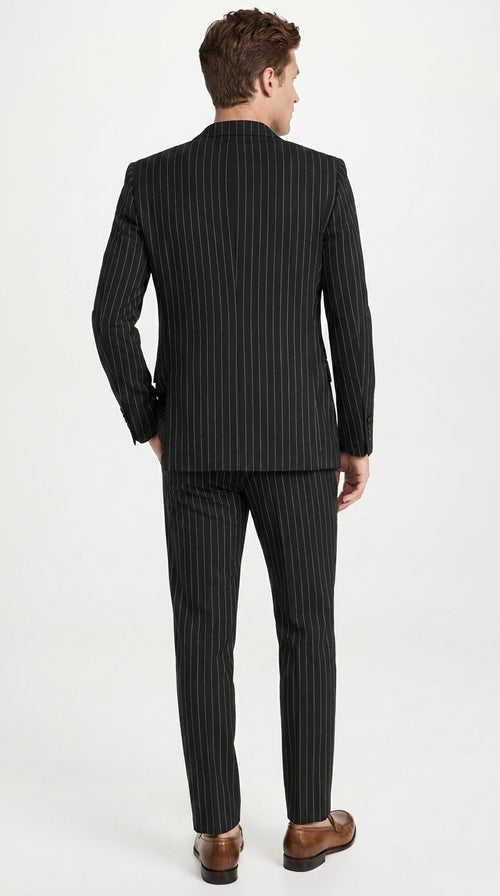 Men’s Black Pinstripe 2-Piece Tuxedo Suit – Two-Button Jacket and Matching Formal Pants