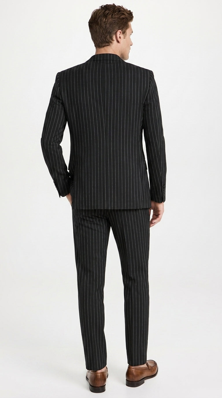 Men’s Black Pinstripe 2-Piece Tuxedo Suit – Two-Button Jacket and Matching Formal Pants