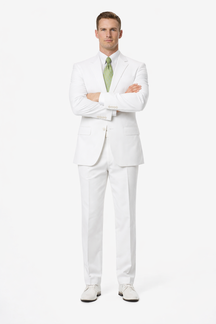 2-Button Seersucker Sear sucker suit Sale Fit Suit White on White Stripe ~ Pinstripe Notch Collar Shadow Ton on Ton Fabric Summer Suit-New Designer Collection