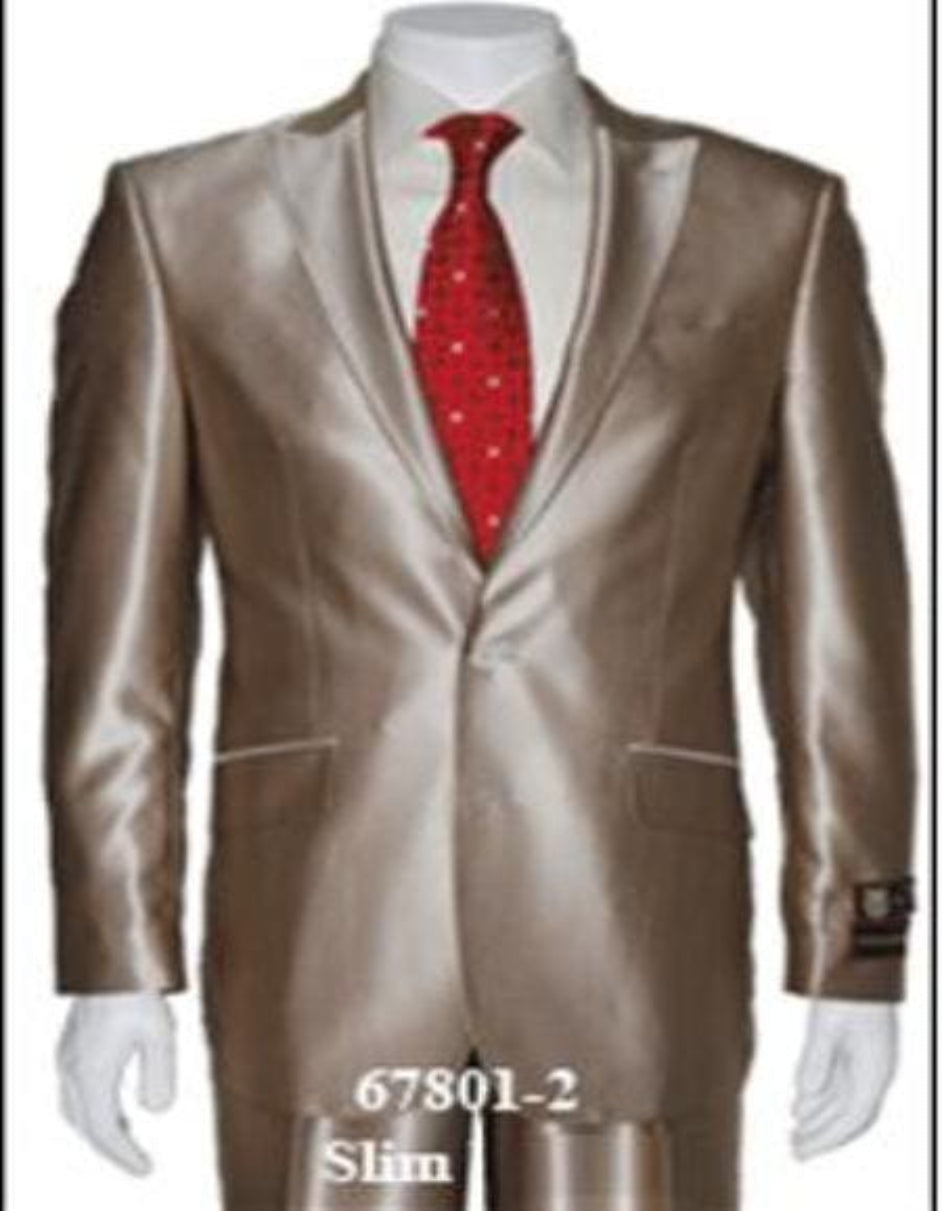 2 Button Style Jacket Flat Front Pants Notch Collar- Shiny suit - 36 Short