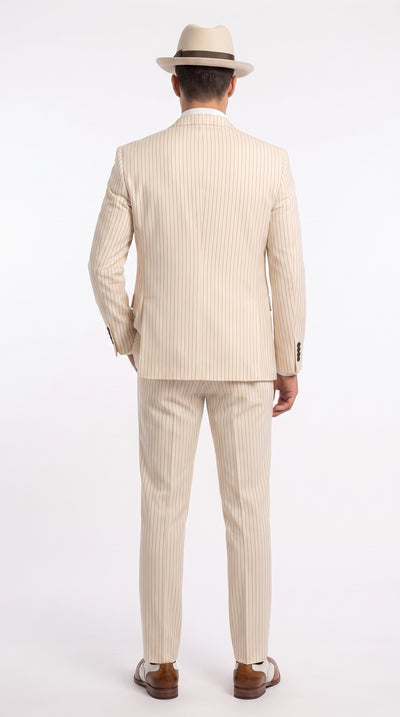 Men’s Ivory Cream Pinstripe 3-Piece Suit – 1920s Gangster Gatsby Wedding and Formal Suit