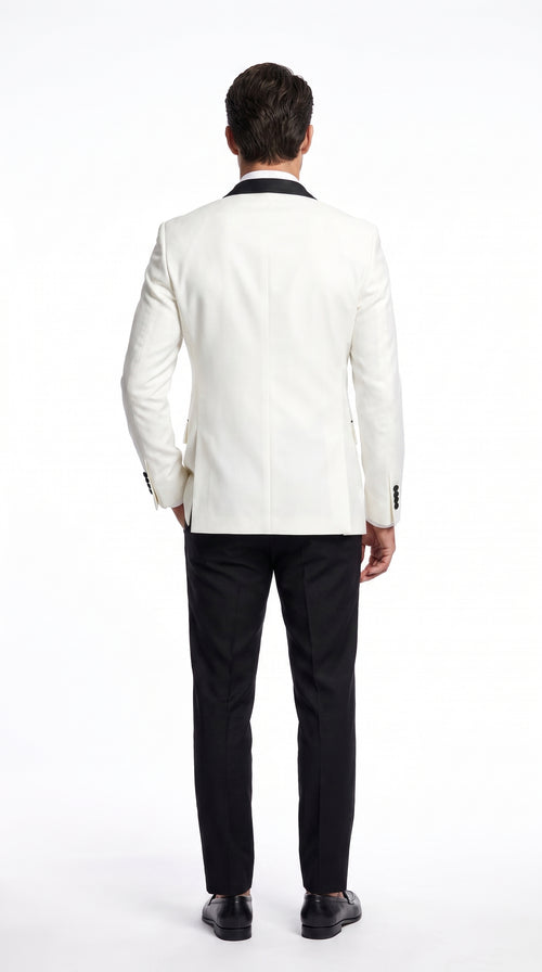 Men’s Vintage Hollywood Ivory Double-Breasted Tuxedo – Black Peak Lapel Wedding and Formal Suit