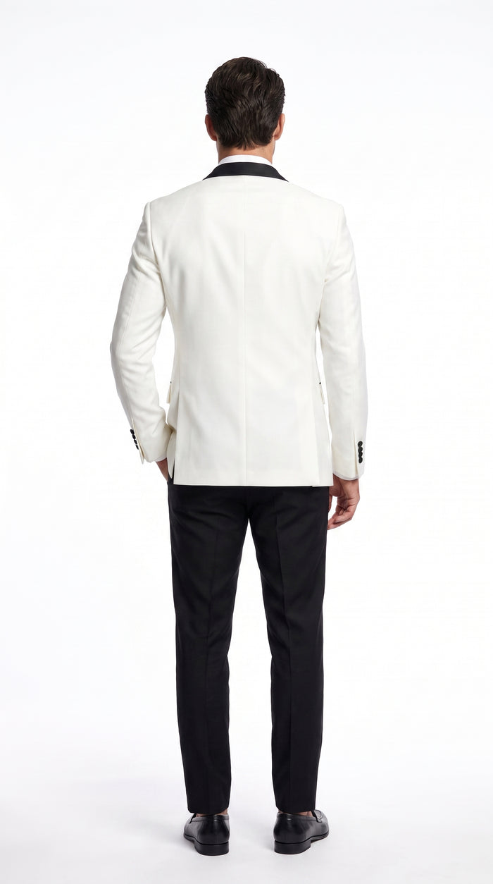 Men’s Vintage Hollywood Ivory Double-Breasted Tuxedo – Black Peak Lapel Wedding and Formal Suit