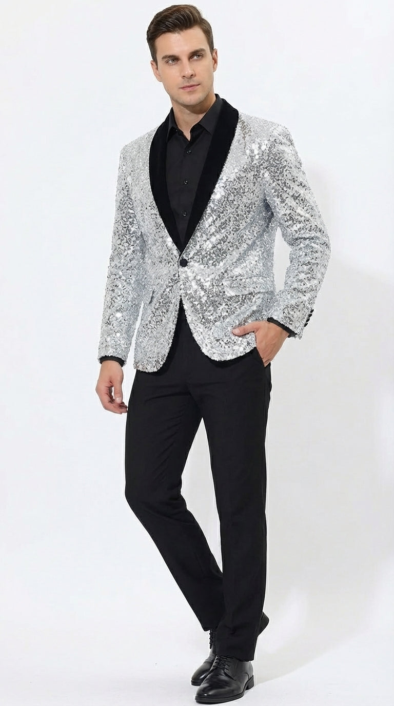 Men’s Silver Sequin Blazer Disco Style Jacket – Black Lapel Party Blazer, Shiny Evening Wear, 70s Dance Outfit, Formal Event Jacket - 34 Short