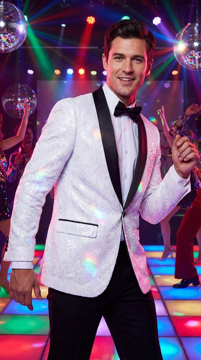Men’s White Dinner Jacket Disco Blazer 1980s Sequin Style Jacket – Black Lapel Party Blazer, Formal Masquerade Club Wear Paisley Fabric + Bowtie - 34 Short