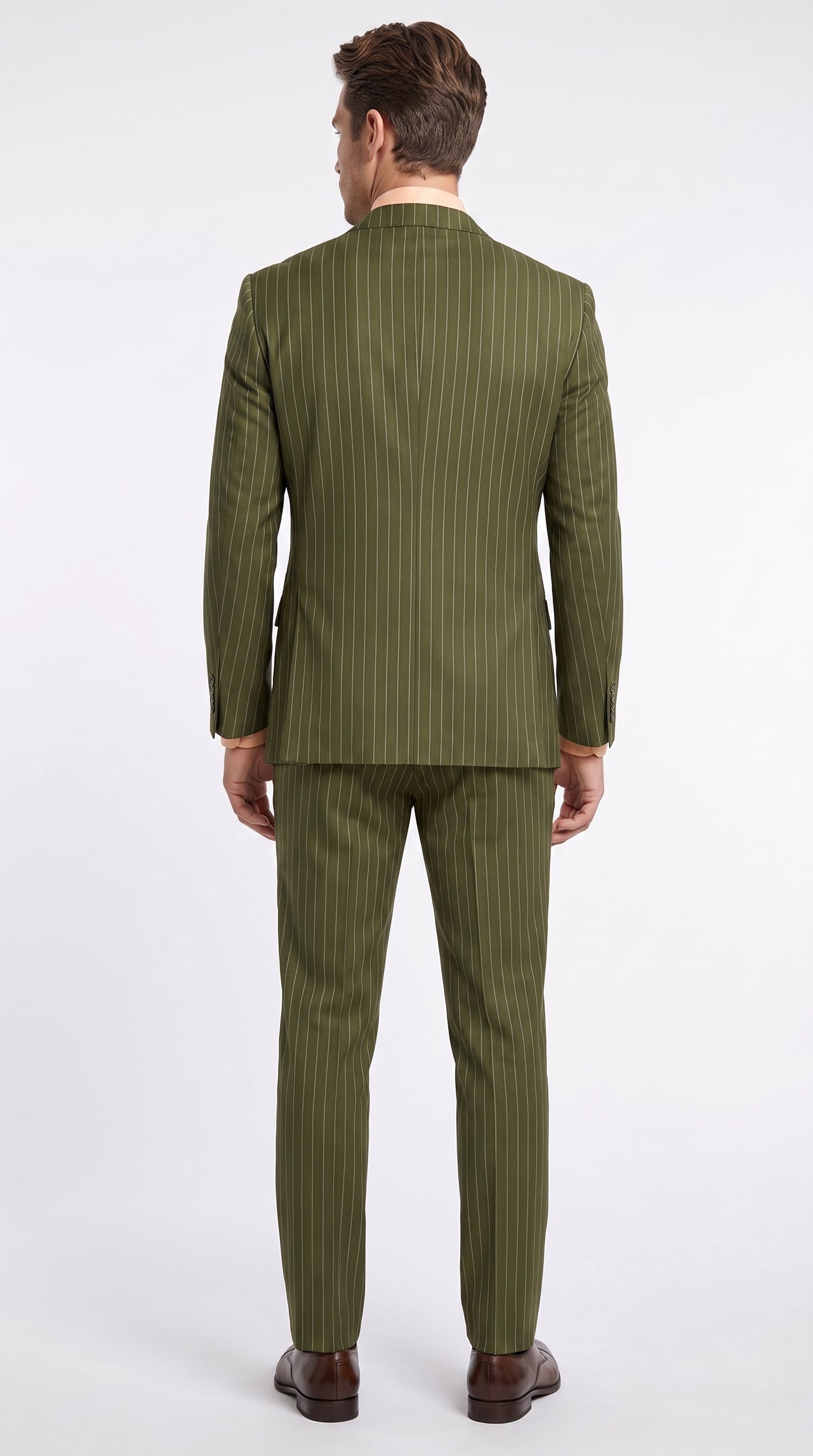 Men’s Olive Green Pinstripe Double-Breasted Suit – Classic Wedding, Business and Formal Suit - 34 Short or Extra Small