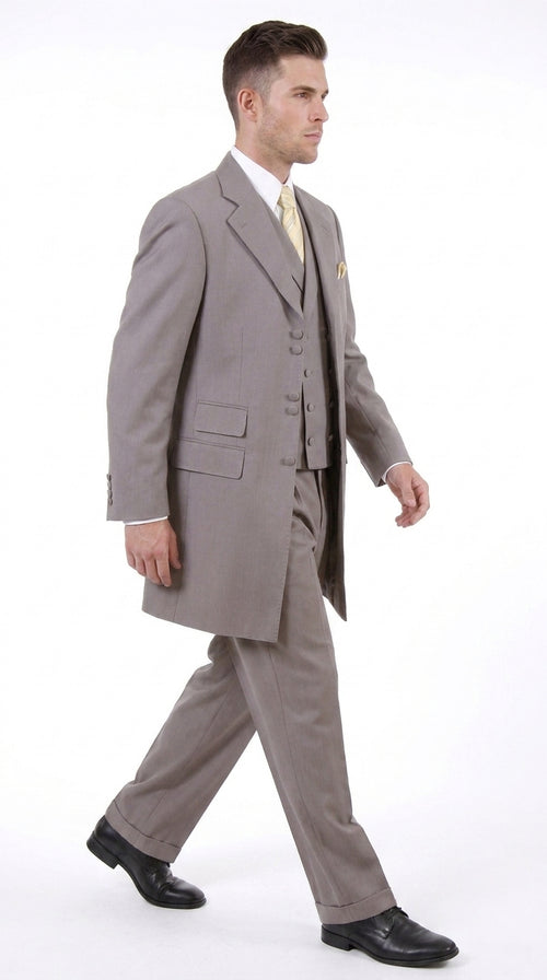 Men’s Light Kahki Sand 3-Piece Suit – Six-Button Jacket with Double-Breasted Vest and Pleated Pants Tan Color