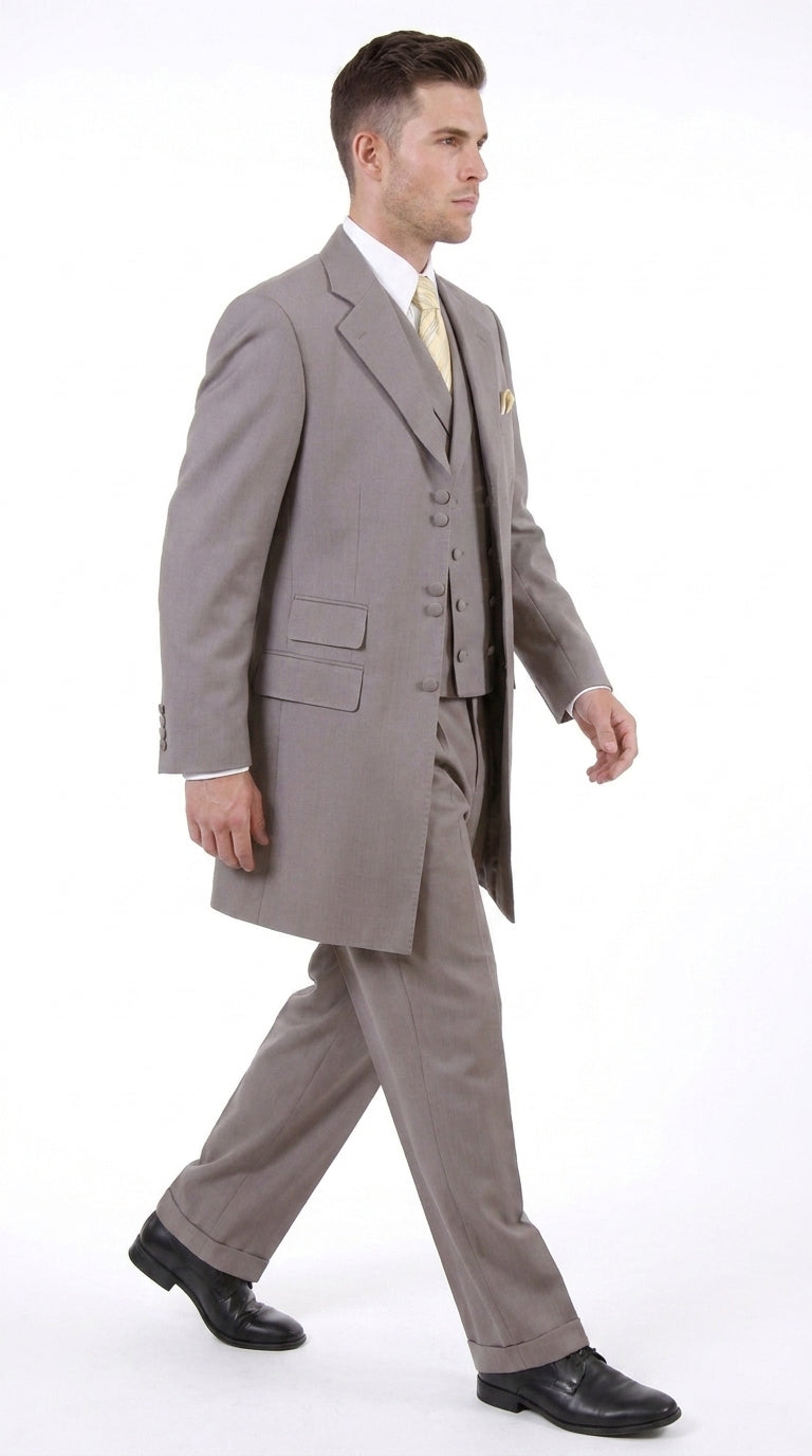Men’s Light Kahki Sand 3-Piece Suit – Six-Button Jacket with Double-Breasted Vest and Pleated Pants Tan Color - 34 Short or Extra Small