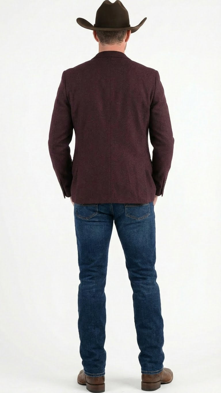 Men’s Burgundy Western  Blazer Jacket, Textured Cowboy Style Sport Coat for  - Tweed Herringbone Maroon Color - 36 Short