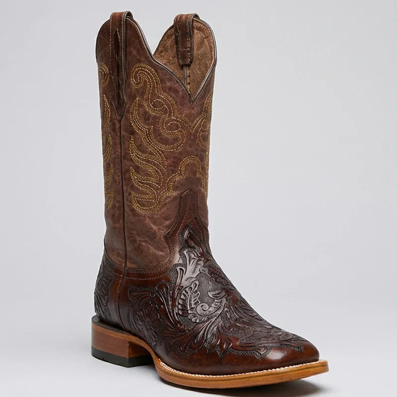 Mens White Diamond Boot Brown Hand-Tooled Western Boots Square Toe - 6
