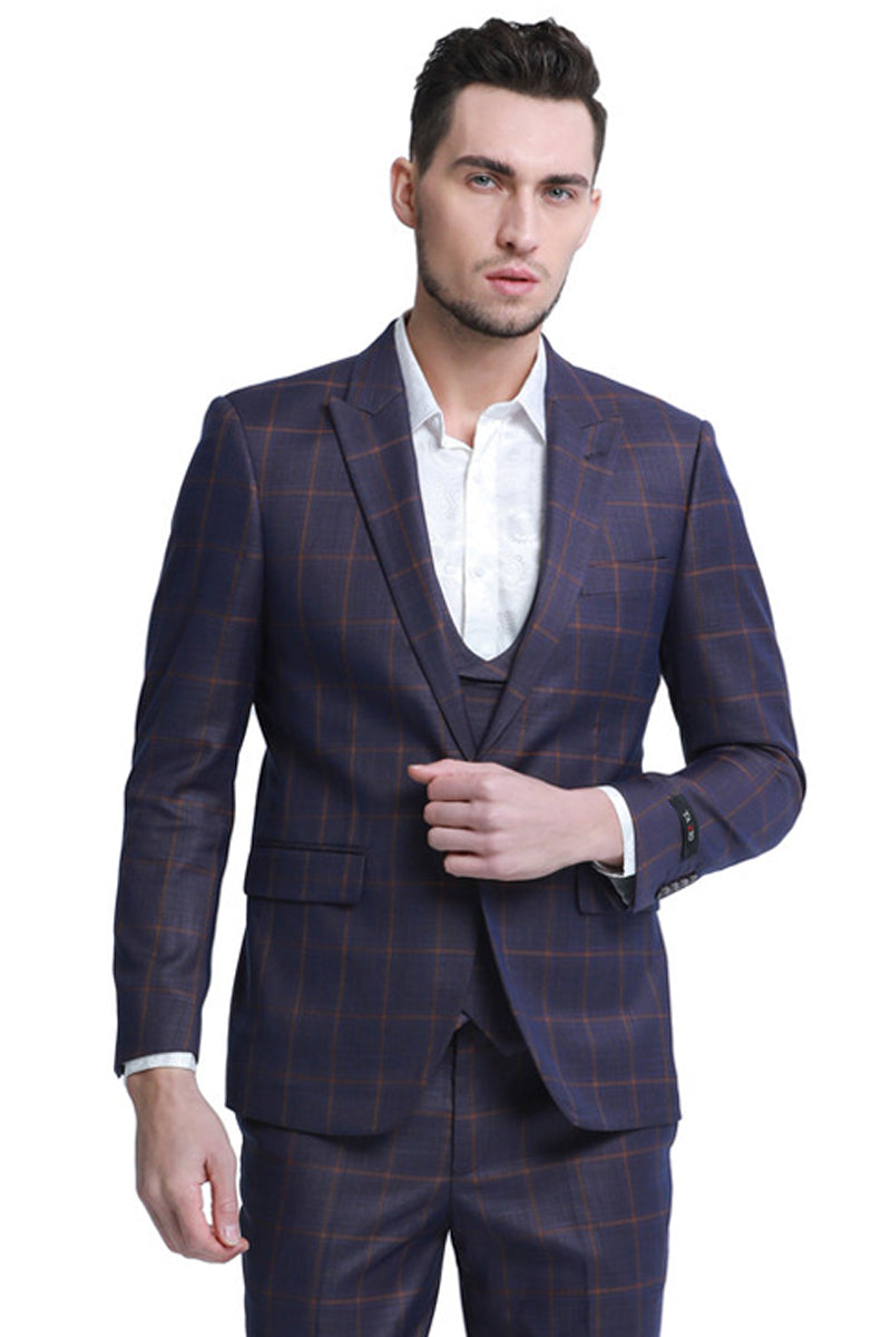 "Burgundy Plaid Men's Slim Fit Double Breasted Vest Suit - One Button" - 34 Short