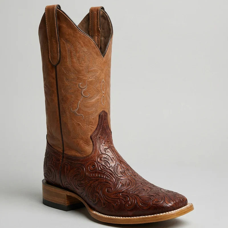 Mens White Diamond Boot Men's Shedron Hand-Tooled Western Boots Square Toe - 6