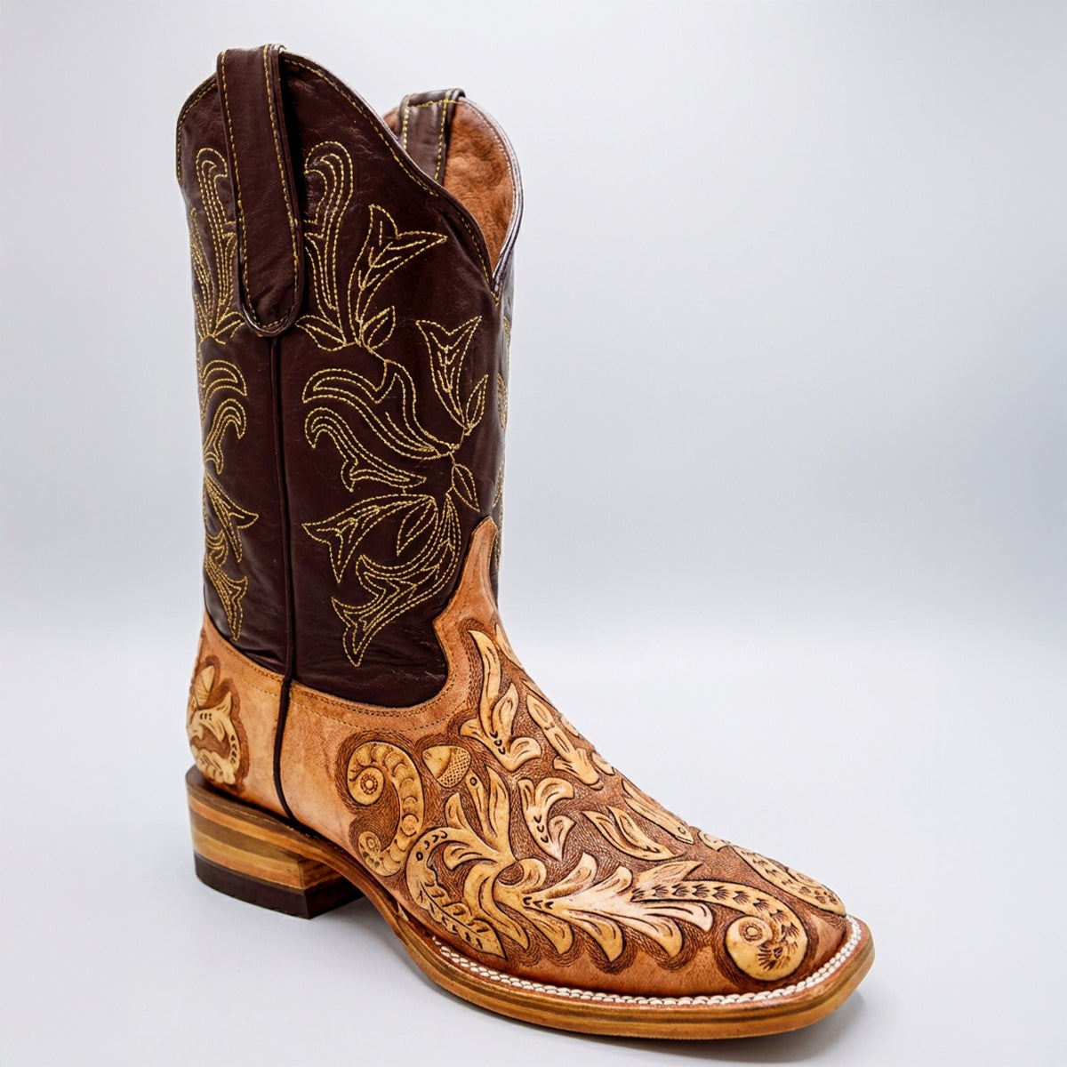 Mens White Diamond Boot Men's Natural Hand-Tooled Western Boots Square Toe - 6