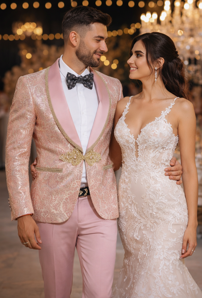 2026 Prom 2026 Special Blush Paisley 2pc Mens Suit by Tazzio pink - 38 Short Jacket+32 Waist Adjustable 28to34)(Height: 5 4 to5 7 )(Neck  15-16.5)S-M)