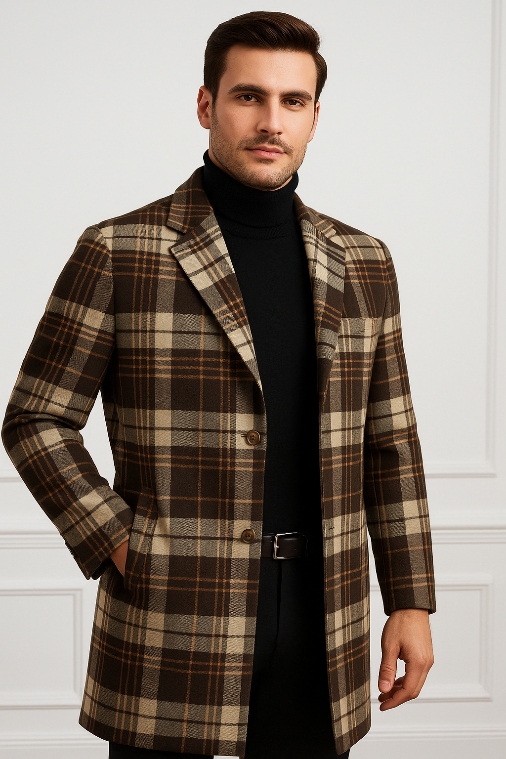Plaid Wool Overcoat â€“ Brown & Camel Mixed Color Topcoat - Coat Size 38