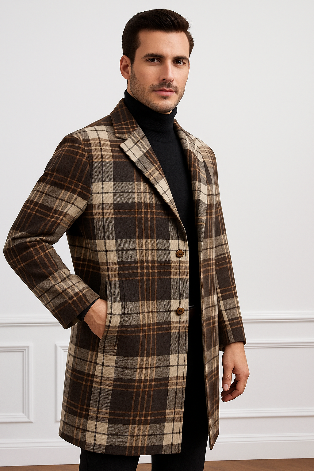 Plaid Wool Overcoat â€“ Brown & Camel Mixed Color Topcoat - Coat Size 38