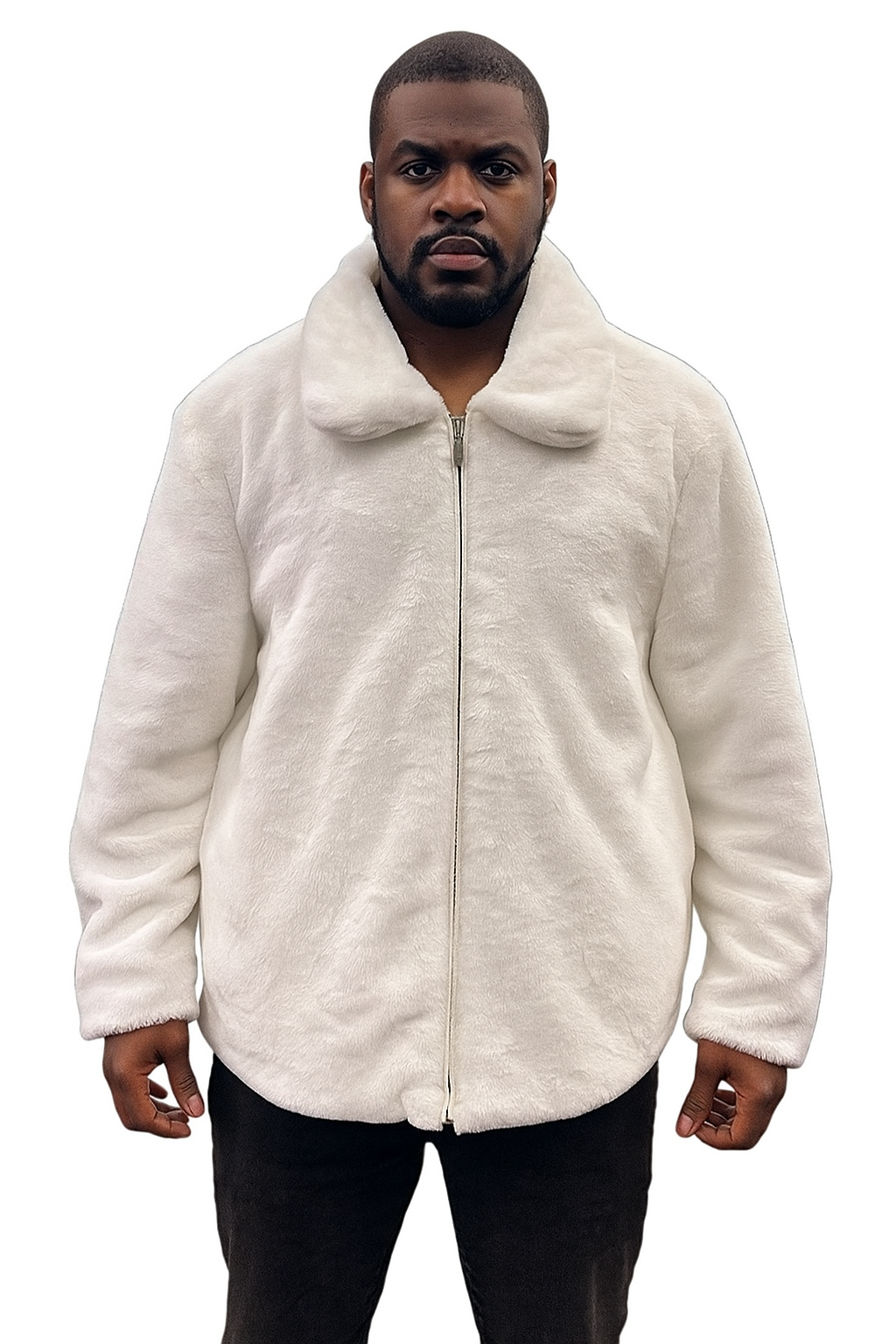 Men's White Fur Short Coat – Single Breasted, Full Zip, Regular Fit - Coat Size 38