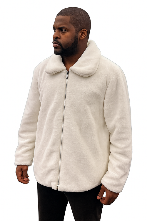 Men's White Fur Short Coat â€“ Single Breasted, Full Zip, Regular Fit