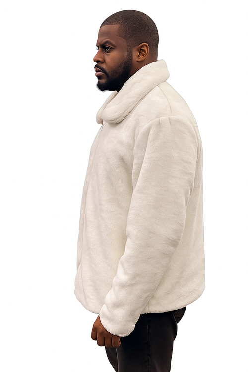 Men's White Fur Short Coat â€“ Single Breasted, Full Zip, Regular Fit