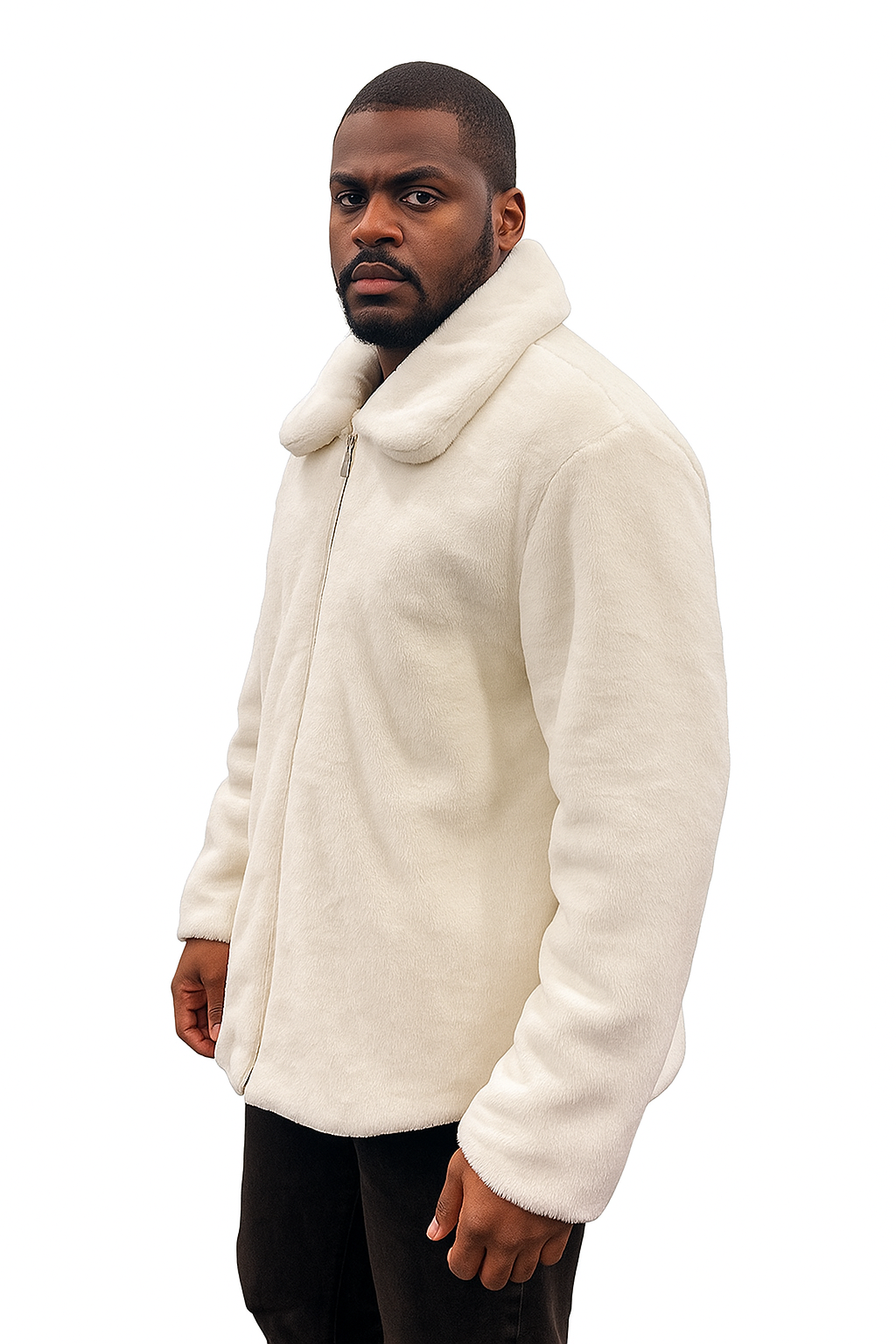 Men's White Fur Short Coat – Single Breasted, Full Zip, Regular Fit - Coat Size 38
