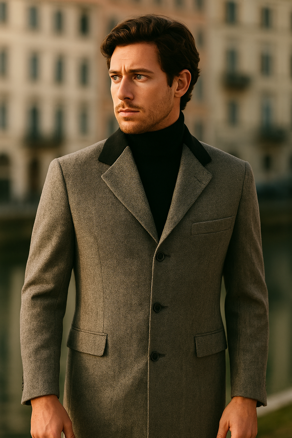 Herringbone Wool & Cashmere Chesterfield Overcoat – 1920s Full Length - Coat Size 38