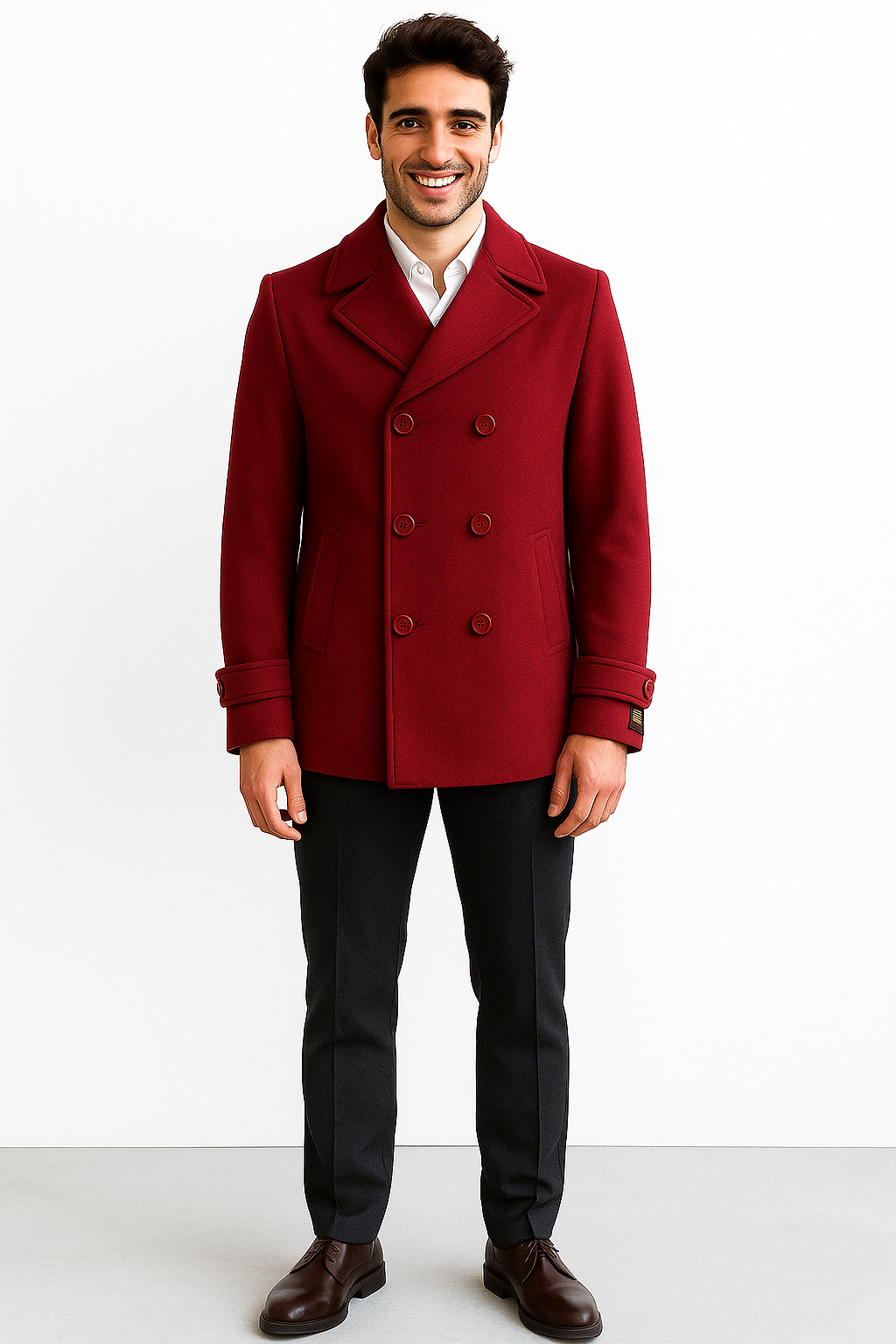 Men's Big & Tall Wool Peacoat Classic Double Breasted Overcoat Style - Burgundy