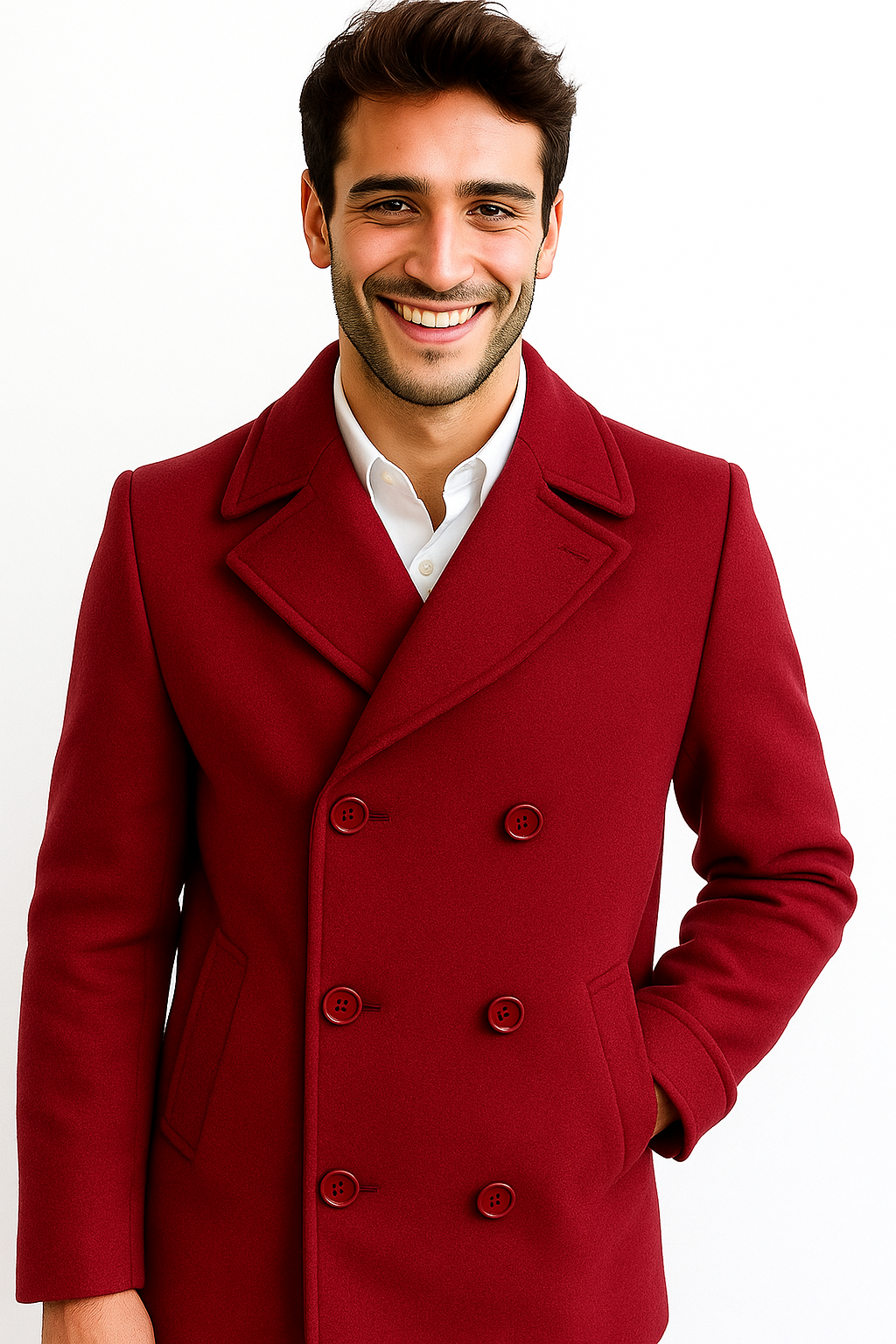 Men's Big & Tall Wool Peacoat Classic Double Breasted Overcoat Style - Burgundy