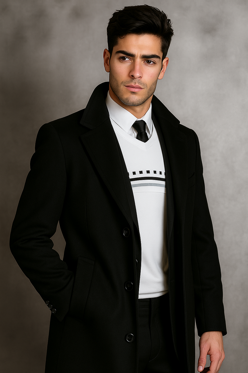 Men's Black Wool Overcoat â€“ Big & Tall Dress Topcoat in Dark Color - Coat Size 38