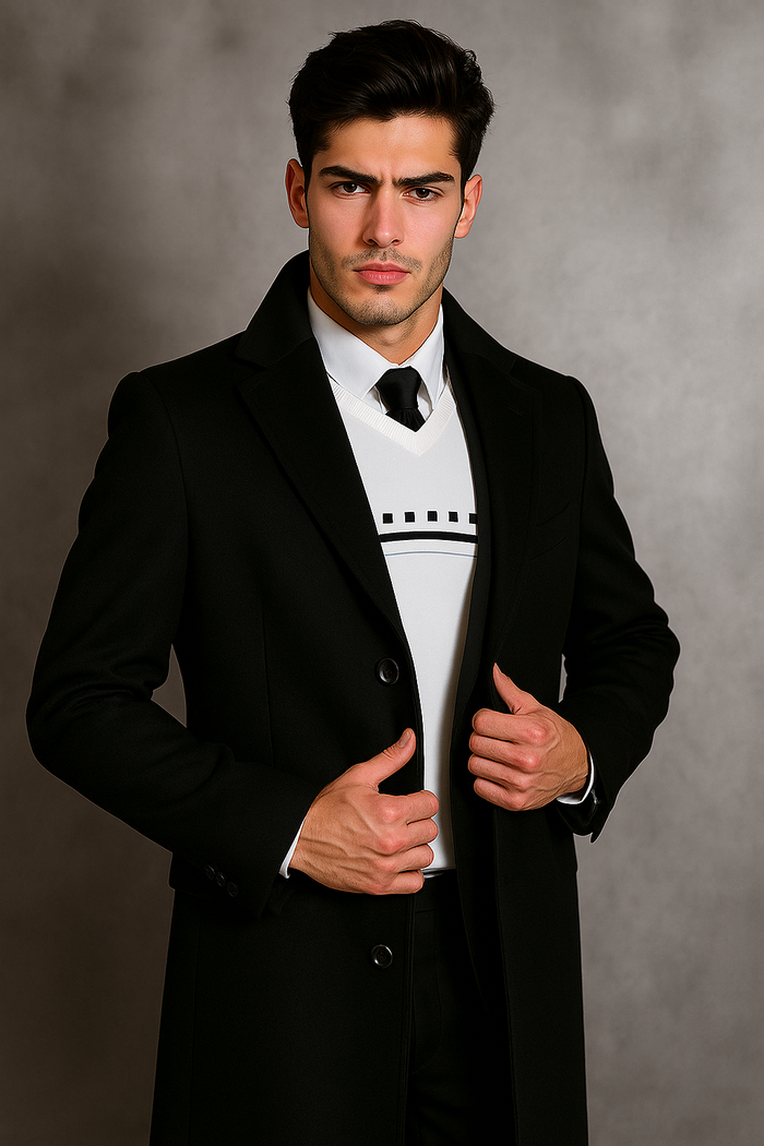 Men's Black Wool Overcoat â€“ Big & Tall Dress Topcoat in Dark Color