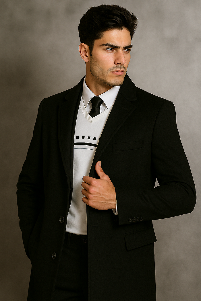 Men's Black Wool Overcoat â€“ Big & Tall Dress Topcoat in Dark Color