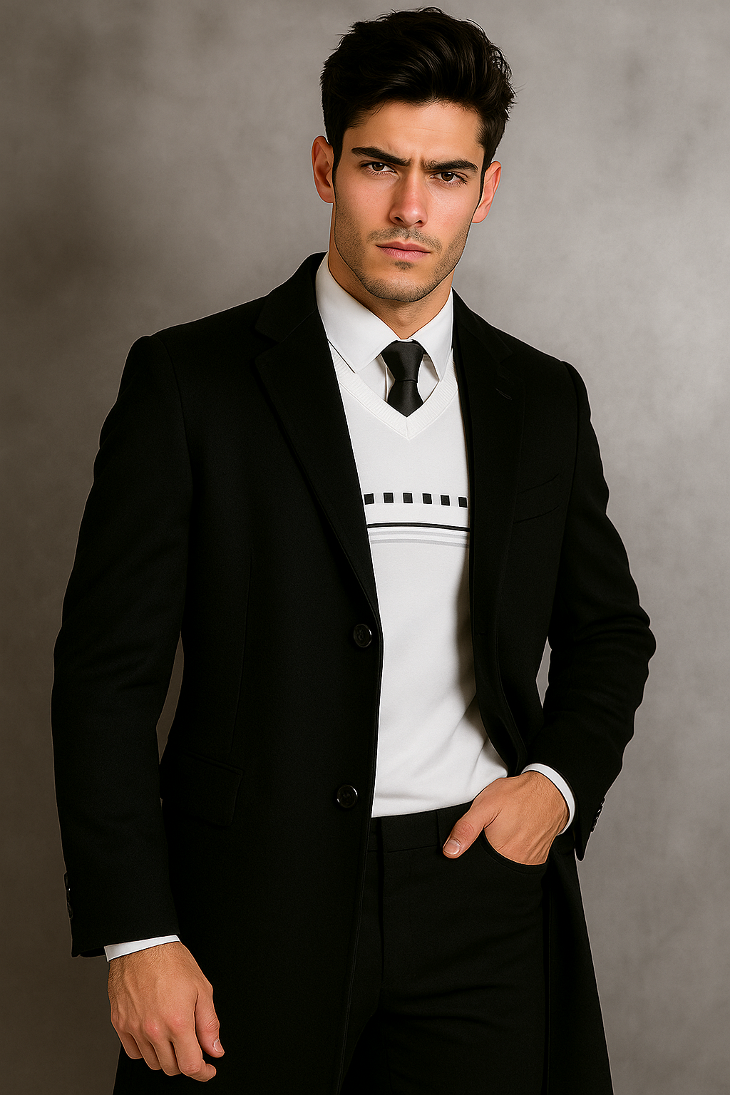 Men's Black Wool Overcoat â€“ Big & Tall Dress Topcoat in Dark Color - Coat Size 38