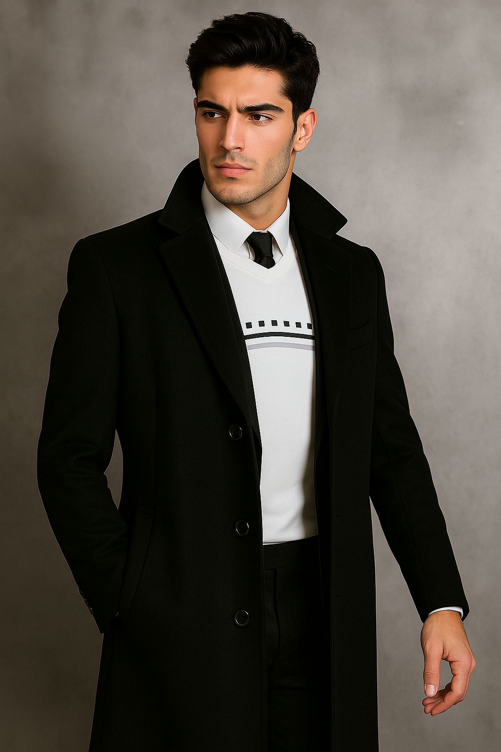 Men's Black Wool Overcoat â€“ Big & Tall Dress Topcoat in Dark Color - Coat Size 38