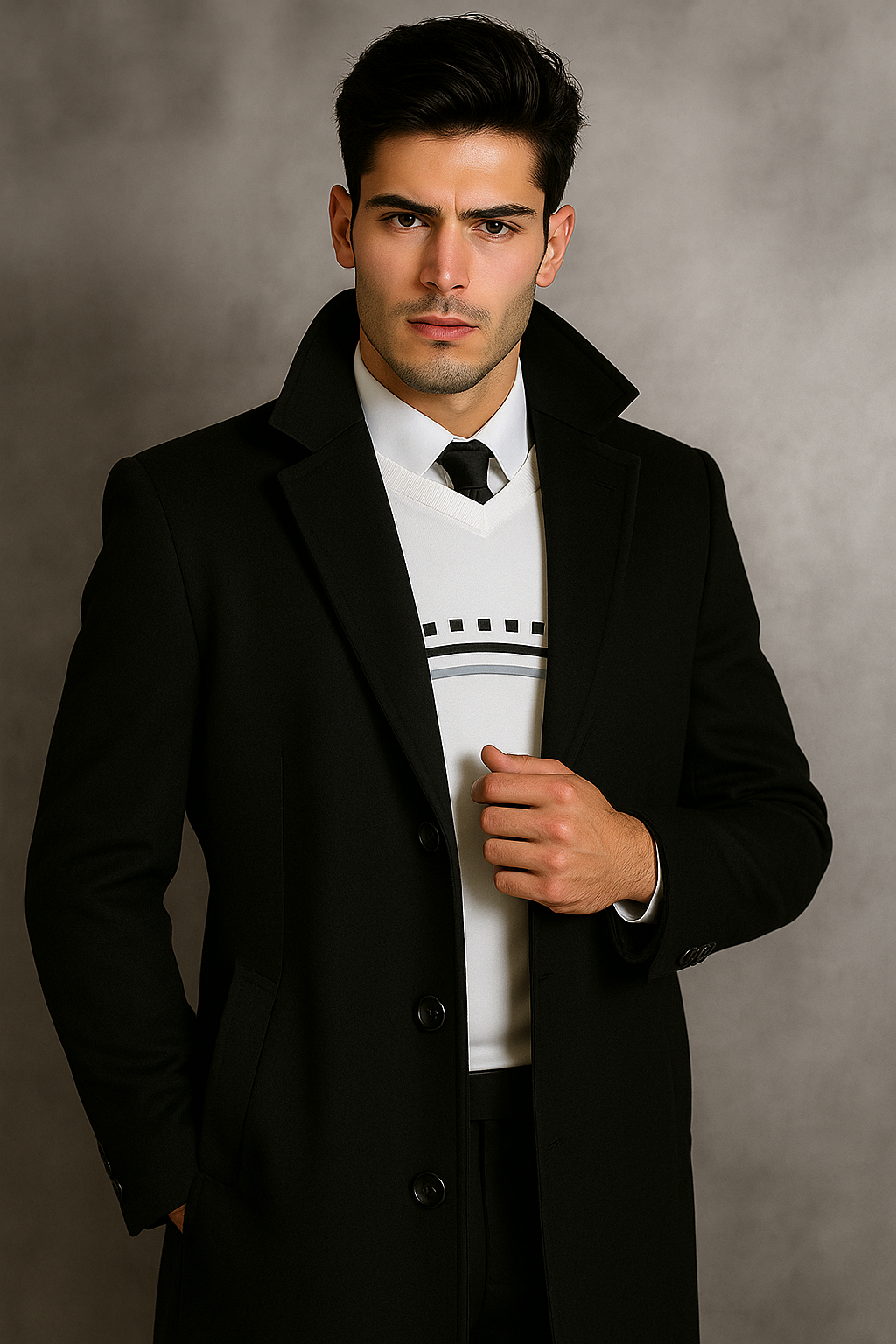 Men's Black Wool Overcoat â€“ Big & Tall Dress Topcoat in Dark Color - Coat Size 38