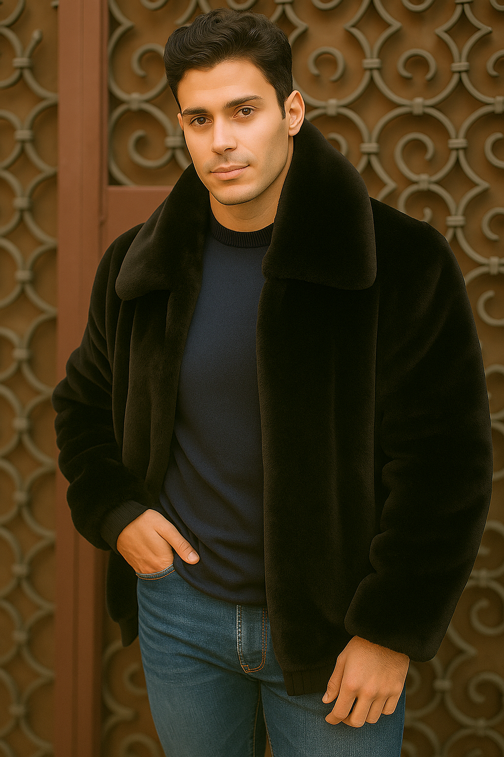 Men's Black Faux Fur Overcoat â€“ Fuzzy Warm Winter Jacket Style