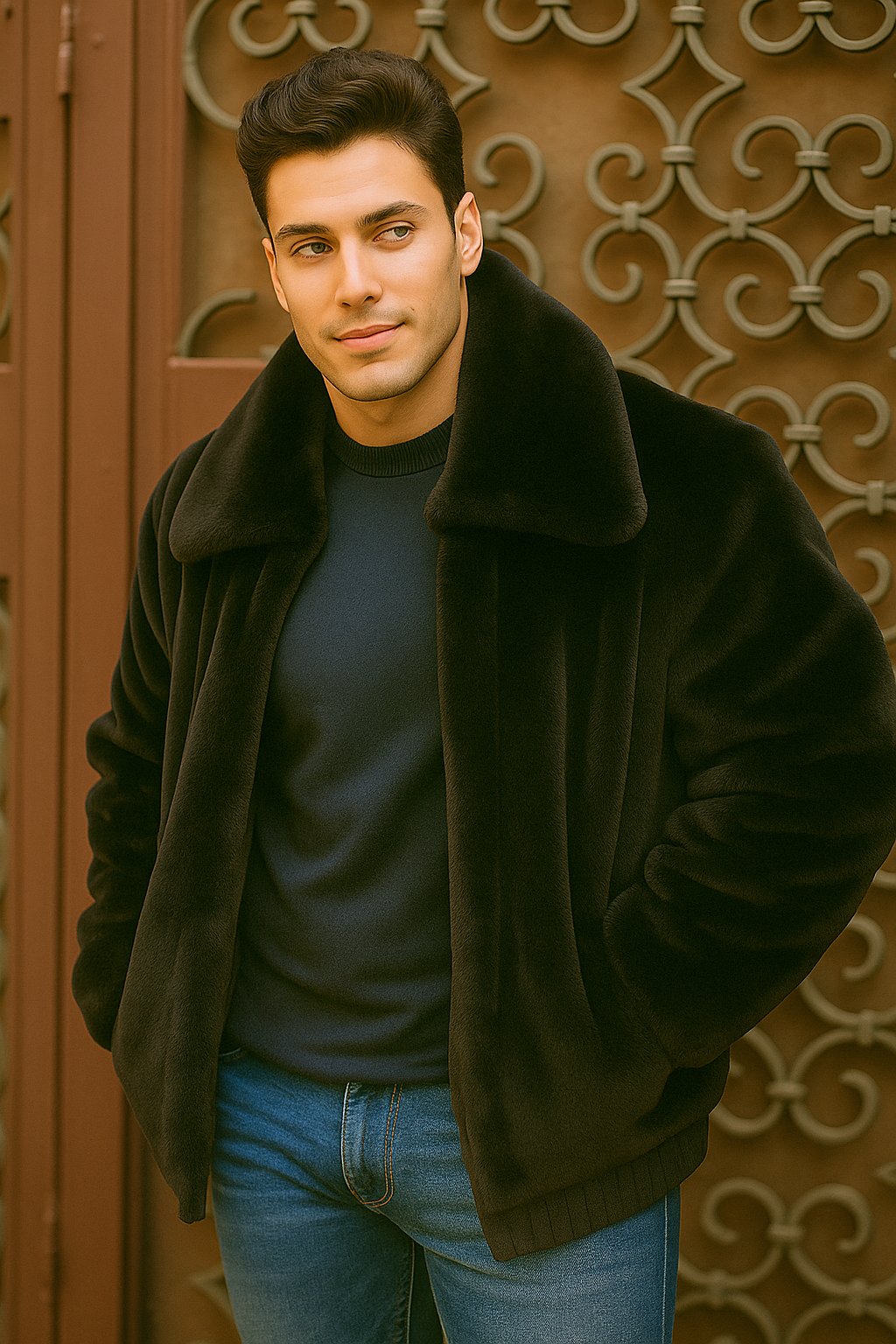 Men's Black Faux Fur Overcoat â€“ Fuzzy Warm Winter Jacket Style