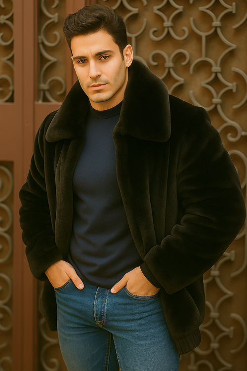 Men's Black Faux Fur Overcoat â€“ Fuzzy Warm Winter Jacket Style