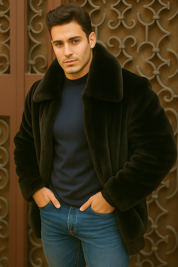 Men's Black Faux Fur Overcoat â€“ Fuzzy Warm Winter Jacket Style