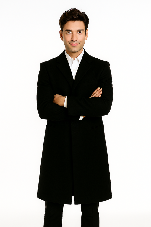 Men's Black Wool Overcoat â€“ 3 Button Ankle Length Winter Dress Coat