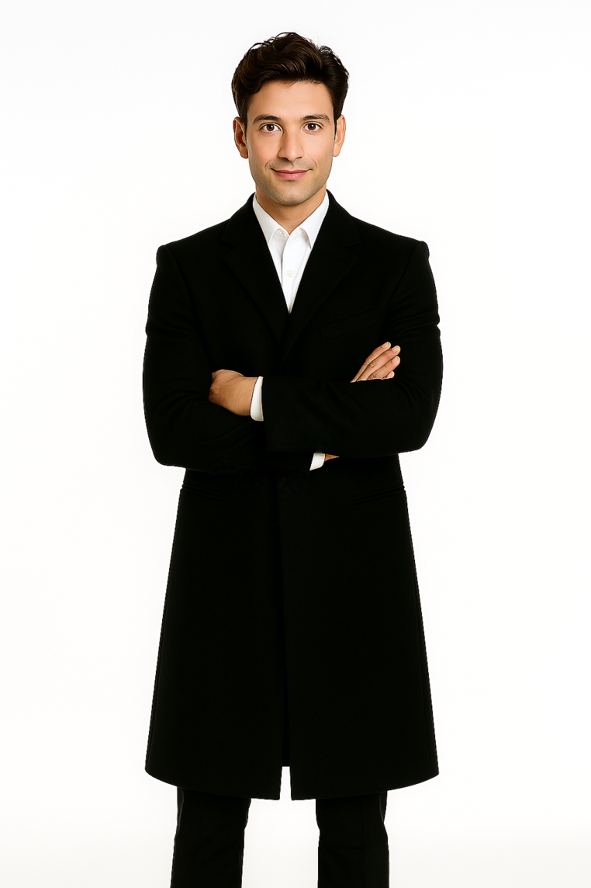Men's Black Wool Overcoat â€“ 3 Button Ankle Length Winter Dress Coat