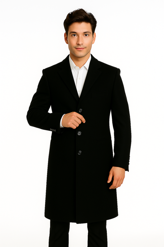 Men's Black Wool Overcoat â€“ 3 Button Ankle Length Winter Dress Coat