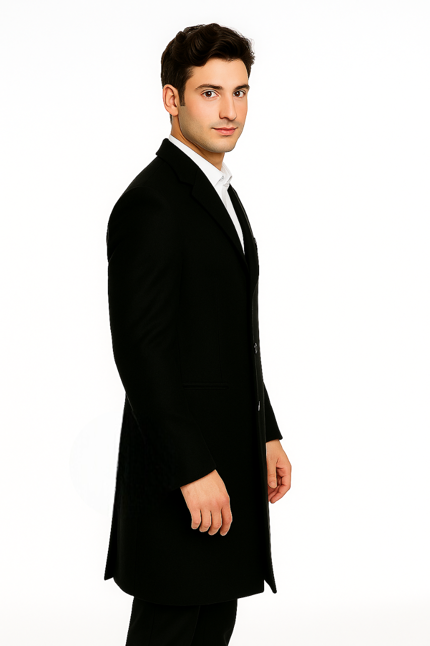 Men's Black Wool Overcoat â€“ 3 Button Ankle Length Winter Dress Coat