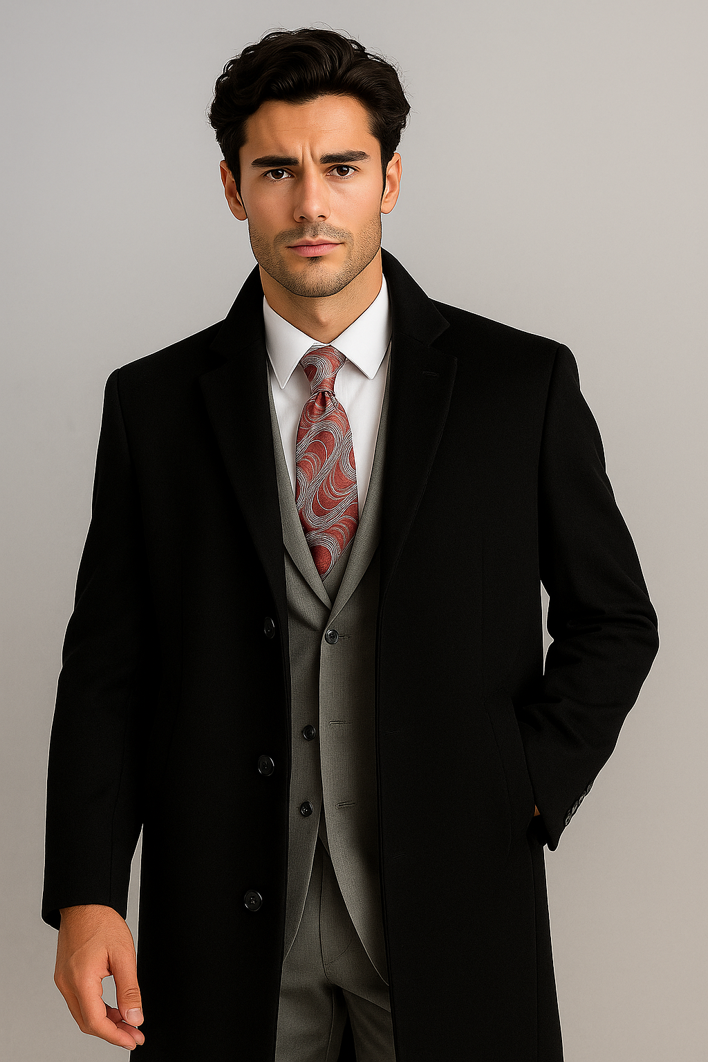 Men's Black Wool & Cashmere Overcoat – Classic Full Length Topcoat - Small