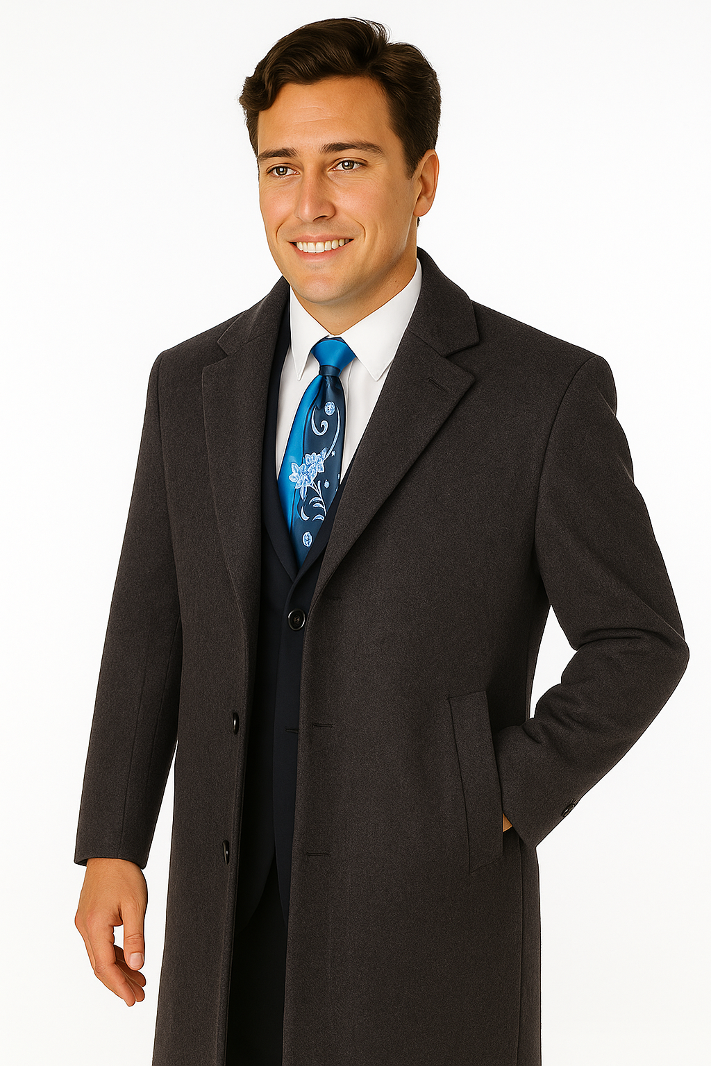 Men's Charcoal Grey Wool & Cashmere Overcoat – Classic Full Length - Small